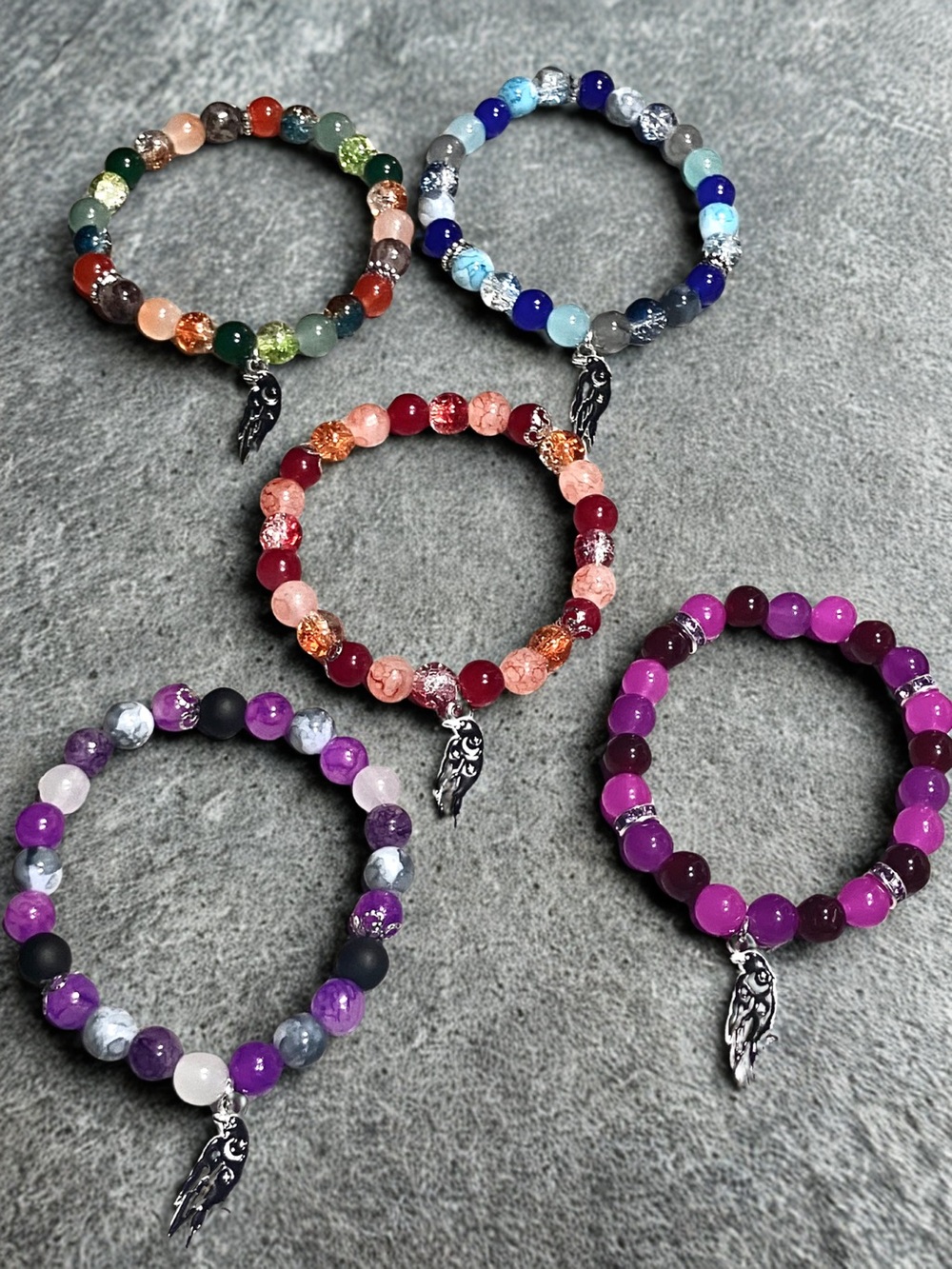 PICK ONE! Raven charm glass beaded bracelet collection